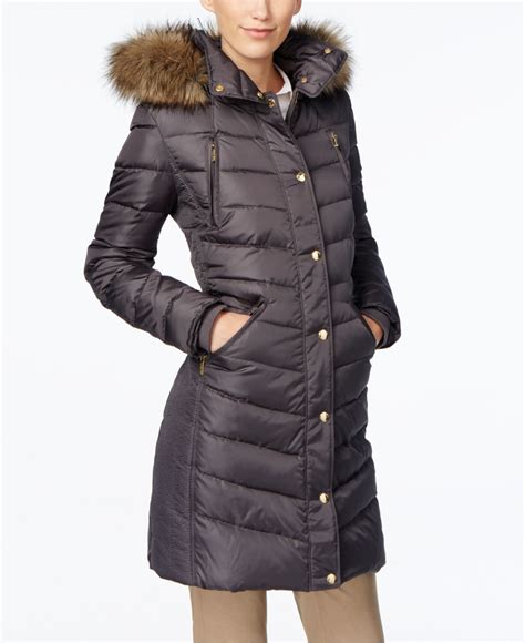 michael kors hooded faux fur trim down puffer coat gunmetal